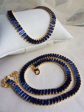 Swarovski Elements Gold Sapphire Blue Emerald-cut Baguette Tennis Bracelet NEW